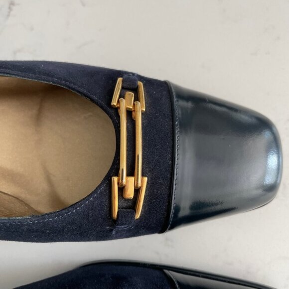 Stuart Weitzman for Browns Patent & Suede Leather Shoes Navy Gold Hardware Sz 7 - Picture 4 of 10